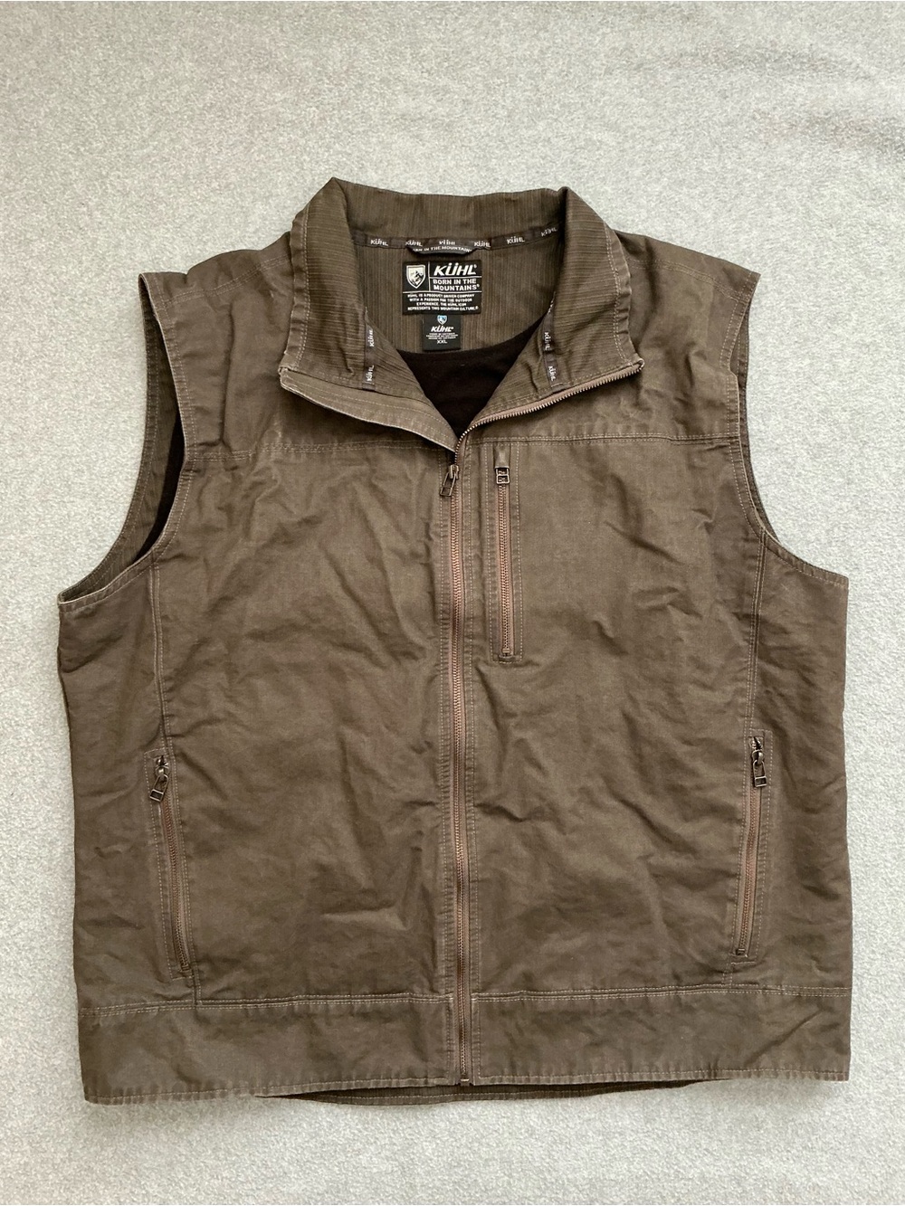 Kuhl XXL Olive Brown Fleece Lined Vest Vintage Patina Dye Hiking Travel